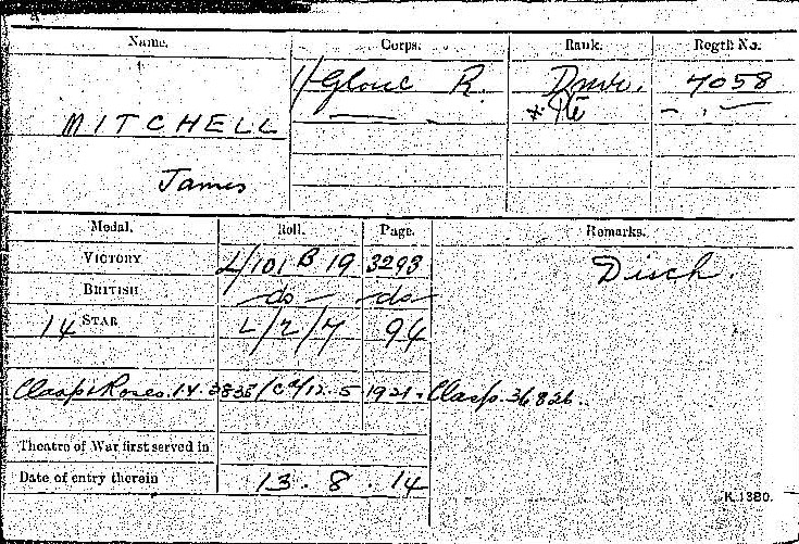 James Mitchell's WW1 Medal Card